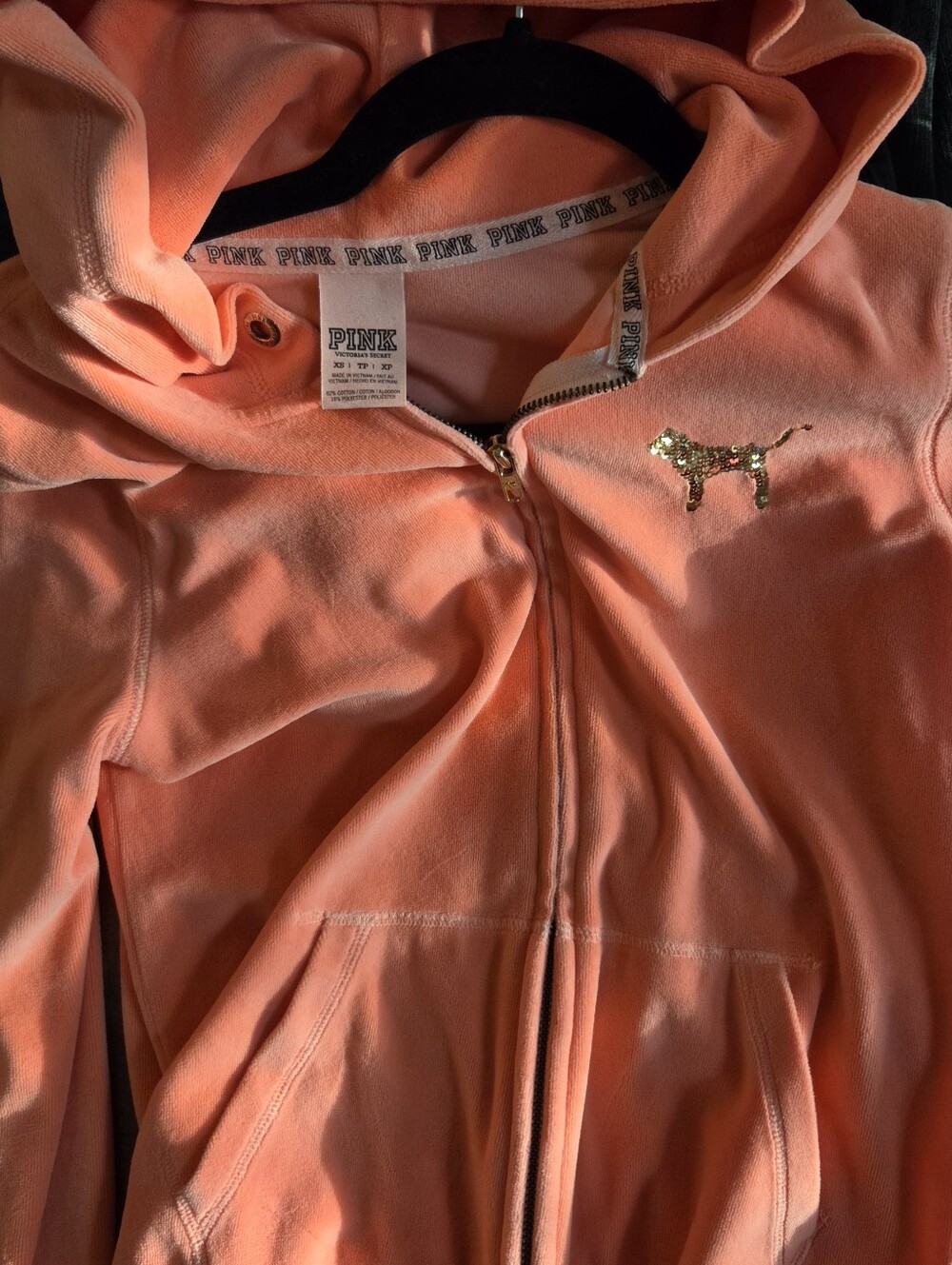 Y2K Victoria’s Secret PINK Velvet Velour Sequin Bling Zip Up Hoodie Coral XS